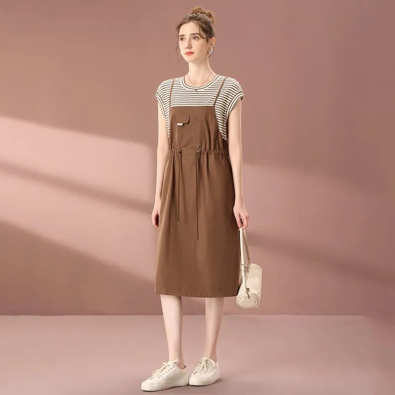 FENHONGMALI 2025 Summer Short Sleeved Dress Cinched Waist Women's Coffee-2