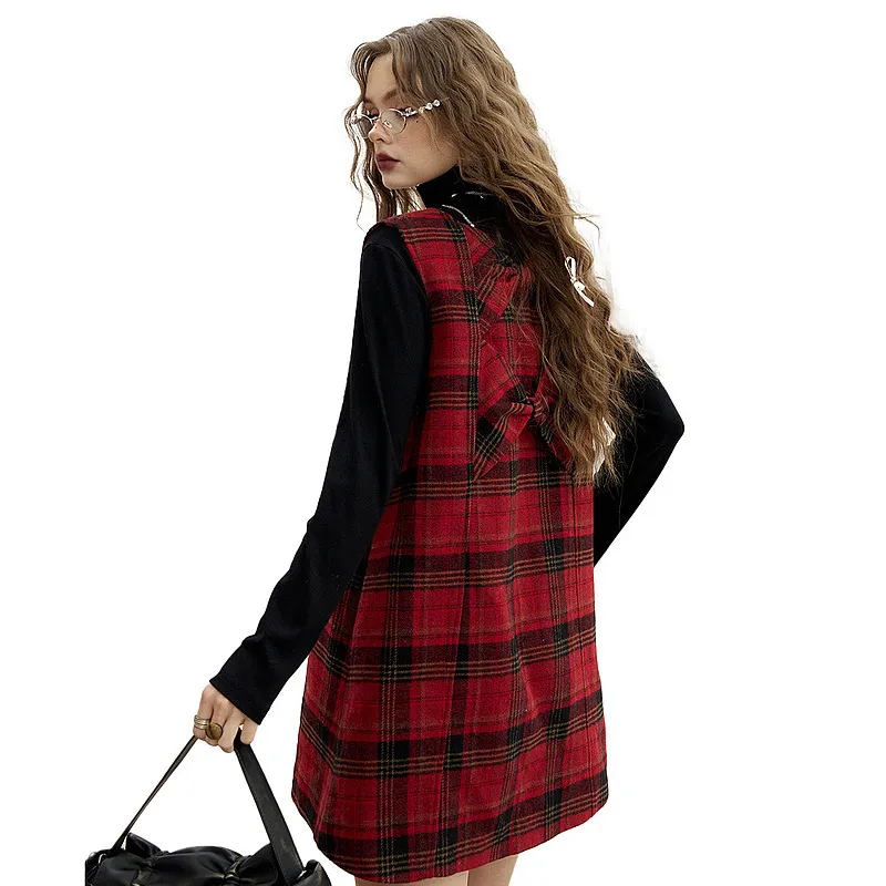 ELF SACK Sleeveless Dress Women's Plaid Red-1