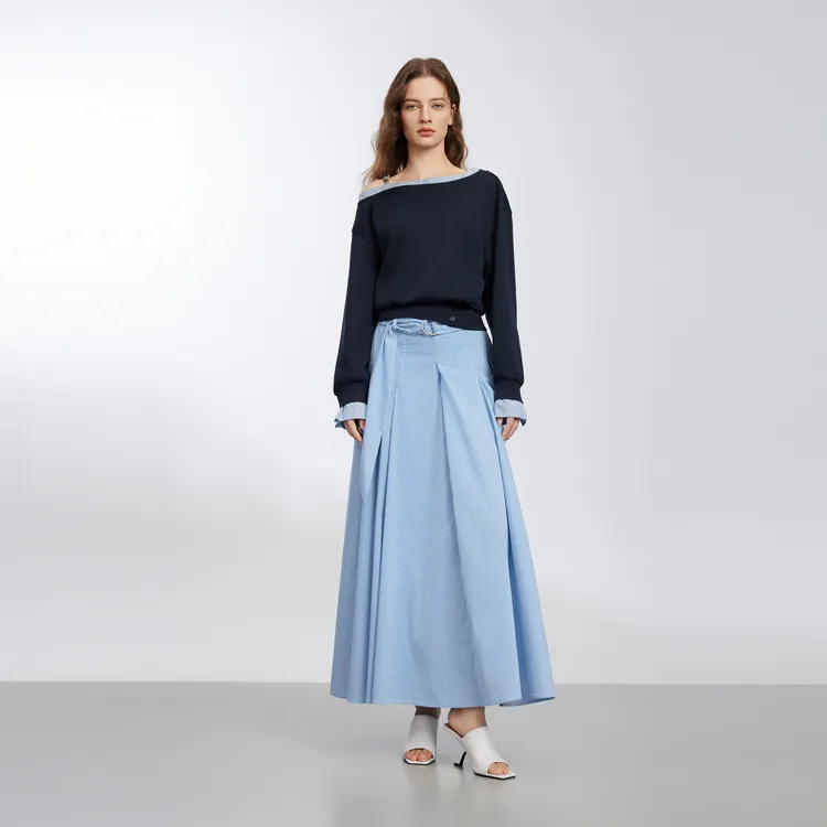 ELLE Casual Long Skirts Women's Blue-2