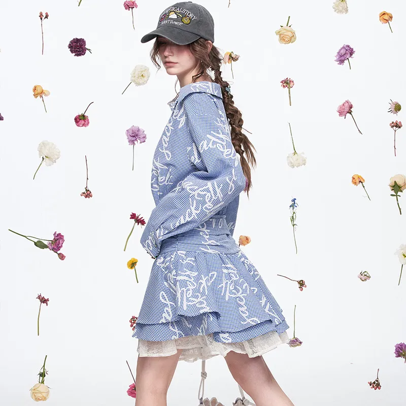 ELF SACK Long Sleeved Dress Women's Letter Blue White-4