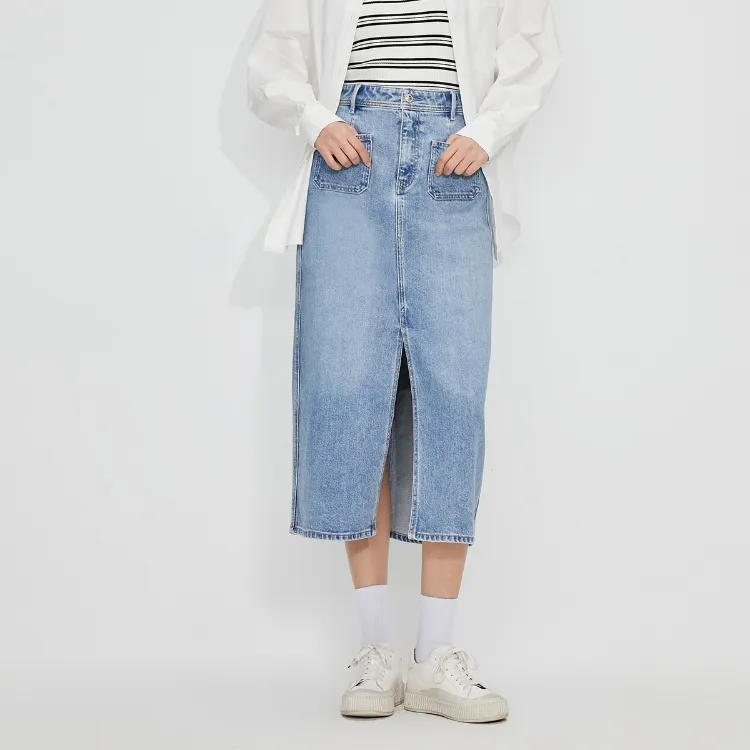 ONLY Denim Long Skirts Women's 350 Washed Denim Blue 350 JEANS BLUE-2