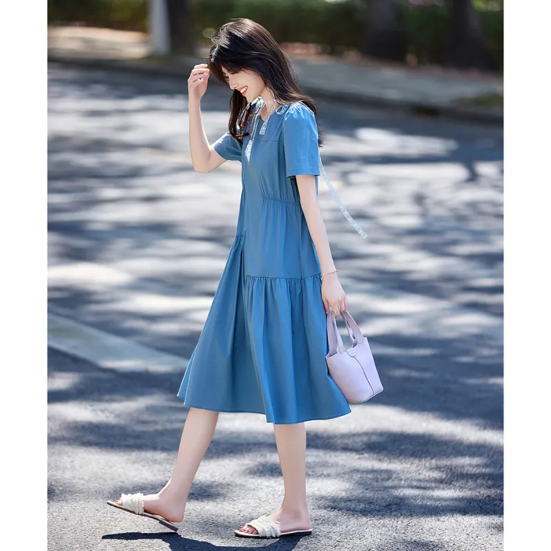 Still Quiet Short Sleeved Dress Women's Xizi Blue-2