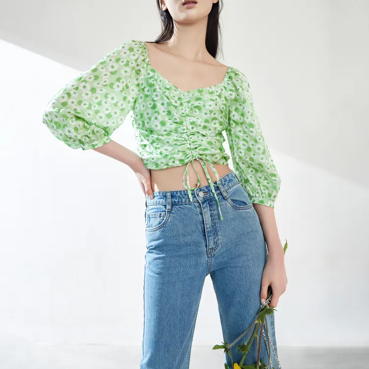 MO&CO Shirts Women's White Base With Green Print-2