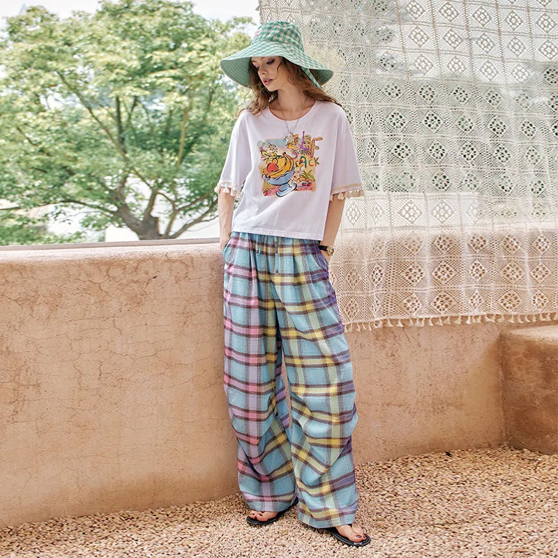 ELF SACK Casual Pants Women's Naughty Blue Pink Plaid-3