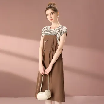 FENHONGMALI 2025 Summer Short Sleeved Dress Cinched Waist Women's Coffee