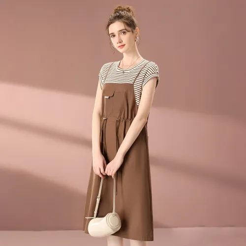 FENHONGMALI 2025 Summer Short Sleeved Dress Cinched Waist Women's Coffee