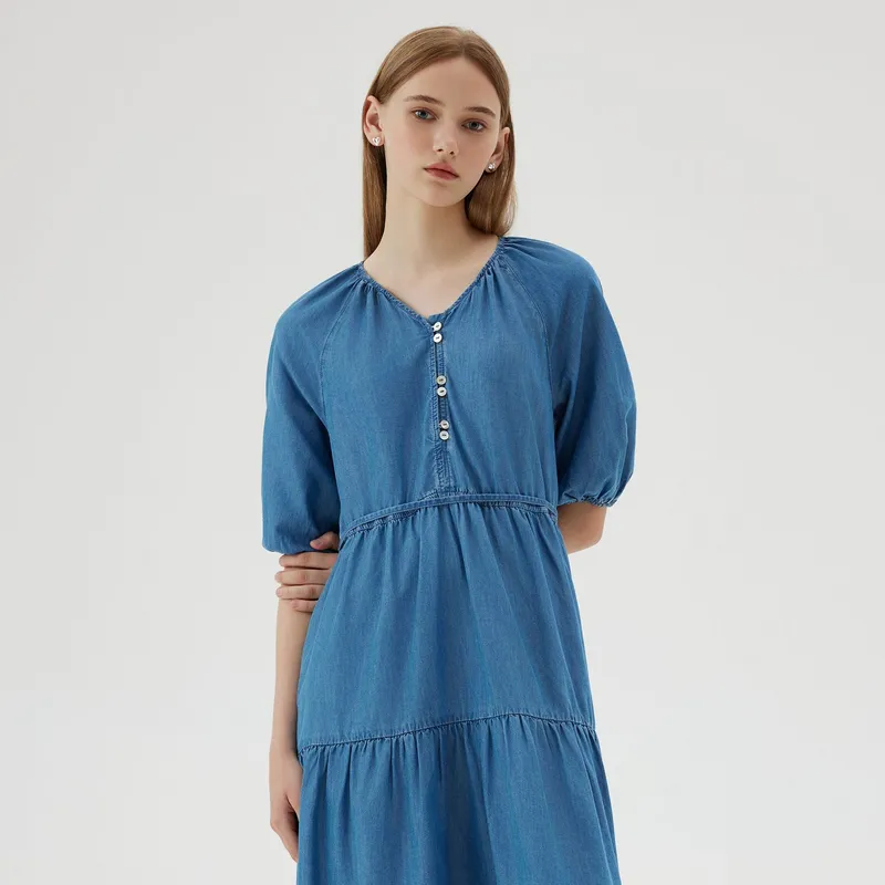 E.land Short-Sleeved Dresses Women's Medium Denim-3