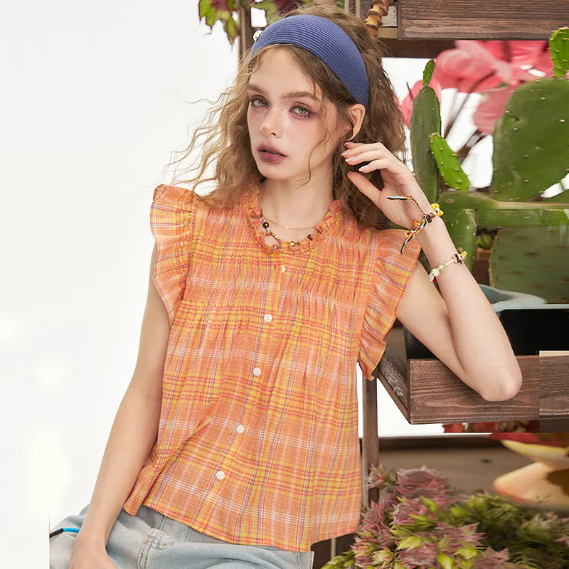 ELF SACK Shirts Women's Pastoral Orange Red Plaid-2