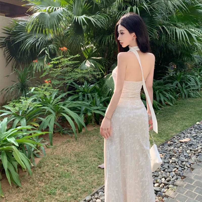 Flowers In Water Resort Style Halter Floral Layered Long Skirt Women's Image Color-5