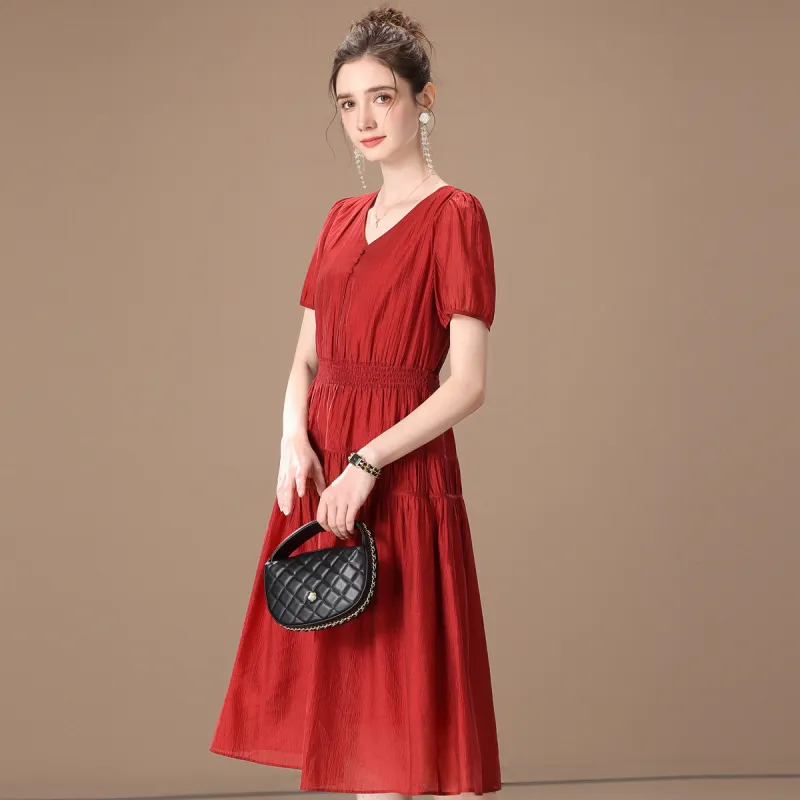 FENHONGMALI Short Sleeved Dresses Women's Red-1