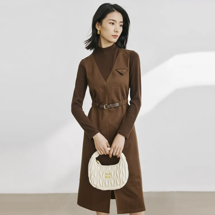 SHUIYUNJIAN Long Sleeved Dresses Women's Coffee-2