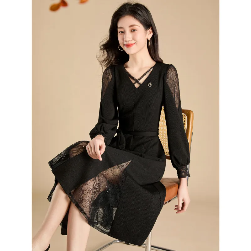 Mylan Spring, Fall Long Sleeved Dress Cinched Waist Women's Black Collection Brand, Get Activity Alerts In Real Time-7