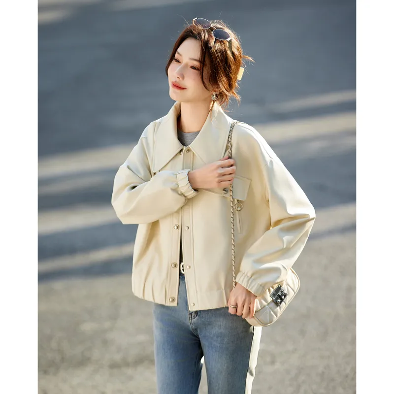 TERRE BLEUE Leather Jacket Women's Ecru-2