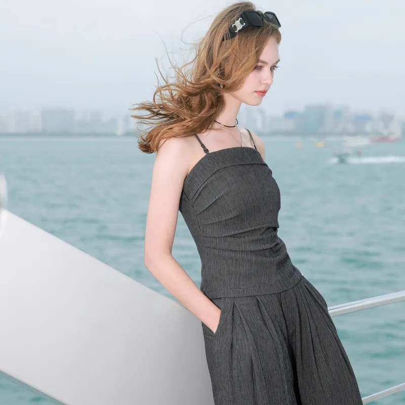 3COLOUR Casual Suits Women's Clothing Set Ore Gray Plaid Camisole+Pants-3