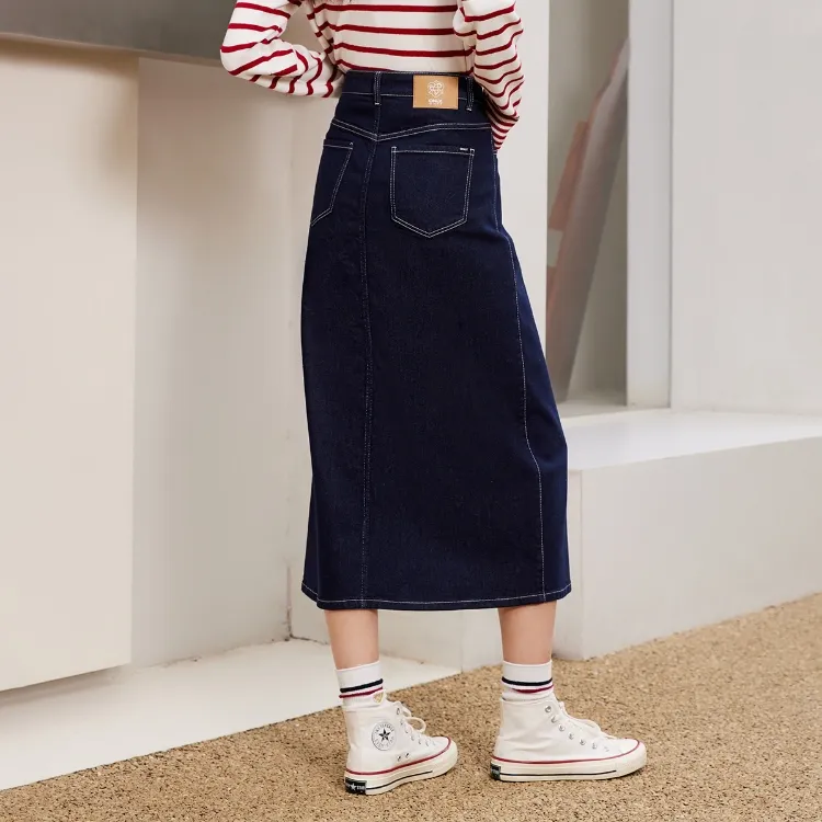ONLY Denim Long Skirts Women's 1000 Washed Blue Denim 1000JEANS BLUE-2