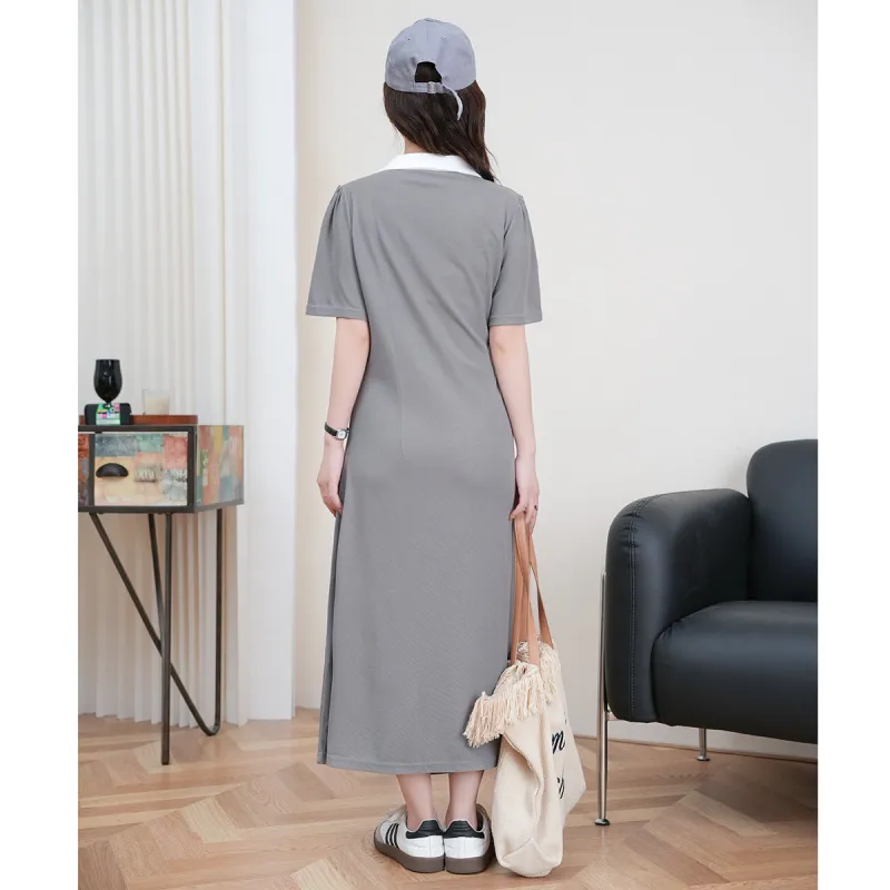 FAWENXIANGZI Short Sleeved Dress Cinched Waist Women's Light Gray-6