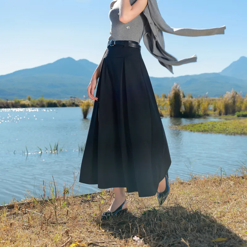3COLOUR Casual Long Skirt Women's Classic Black-5