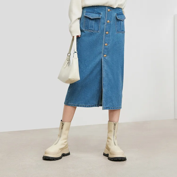 MO&CO Denim Long Skirts Women's Denim Blue-3