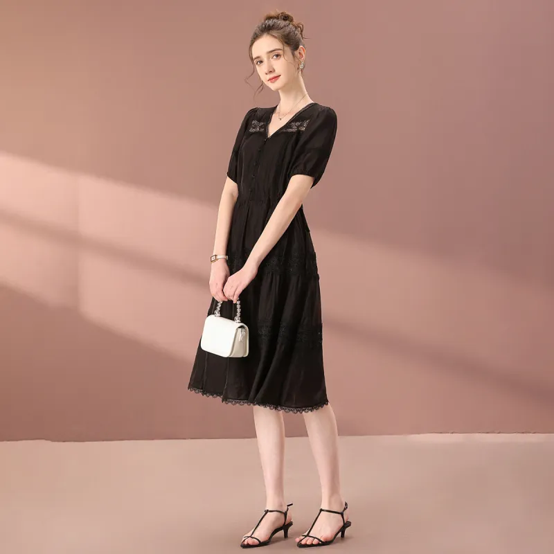 FENHONGMALI Short Sleeved Dresses Women's Black-4