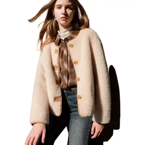 3COLOUR Velvet-feel Coat Women's Oat
