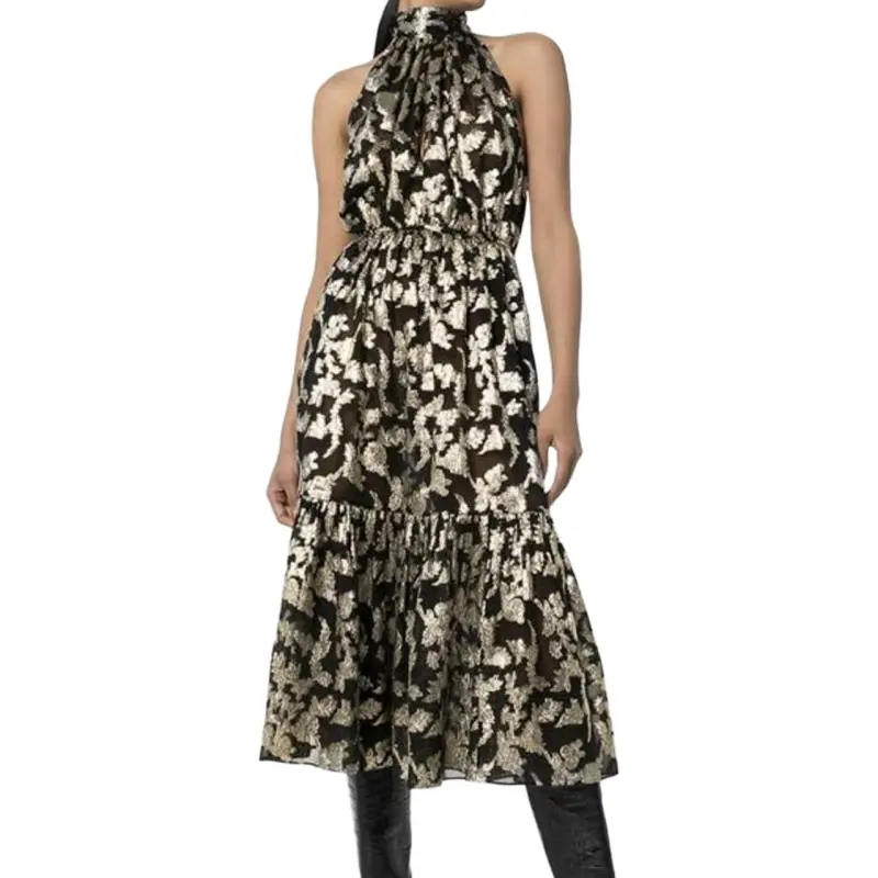 SAINT LAURENT Lavallière Metallic Floral Fil Coupé Chiffon Dress-4