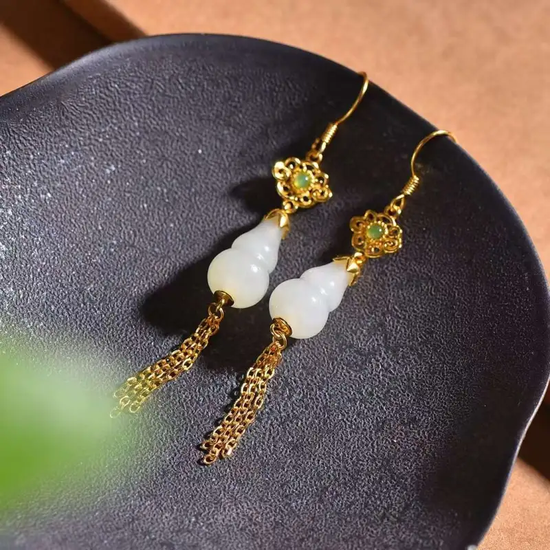 Grace Hetian Jade Earrings Pale Greenish White Jade Women's-5