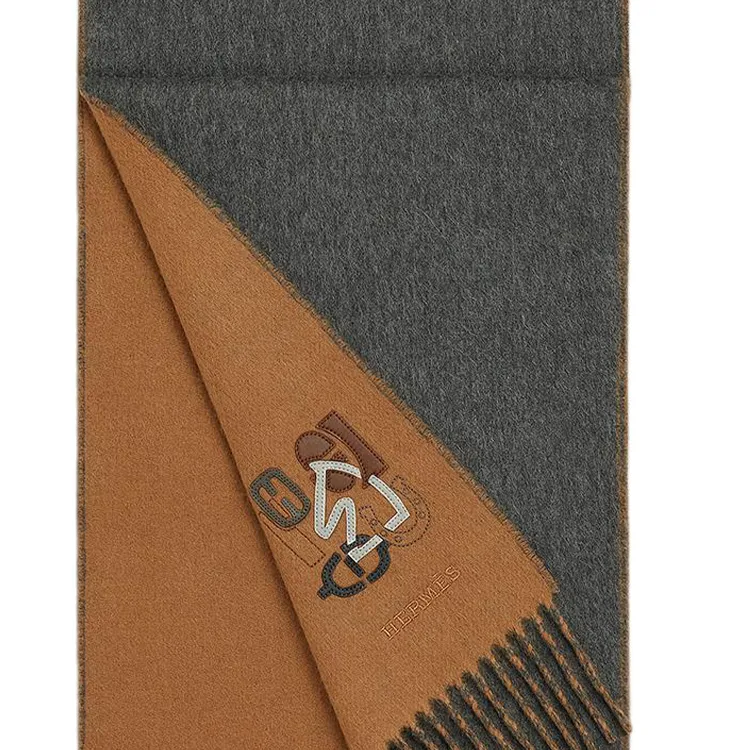HERMES Cashmere Leather Knit Scarves Men's Brown-2