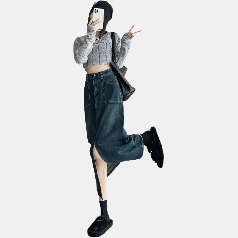 7 SEVFUN Denim Long Skirt Women's Cement-3