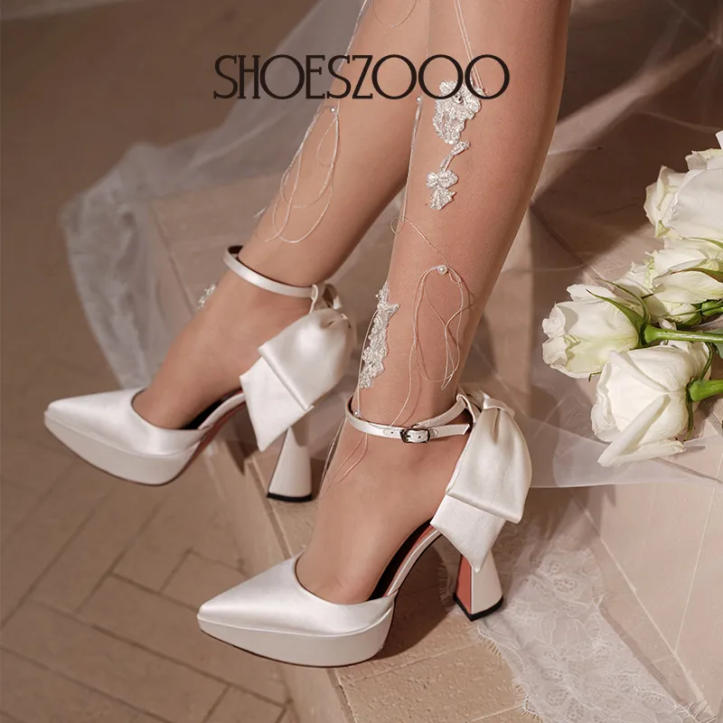SHOESZOOO Main Yarn Wedding Shoes Chunky Heel High Heels 12cm Women's White-4