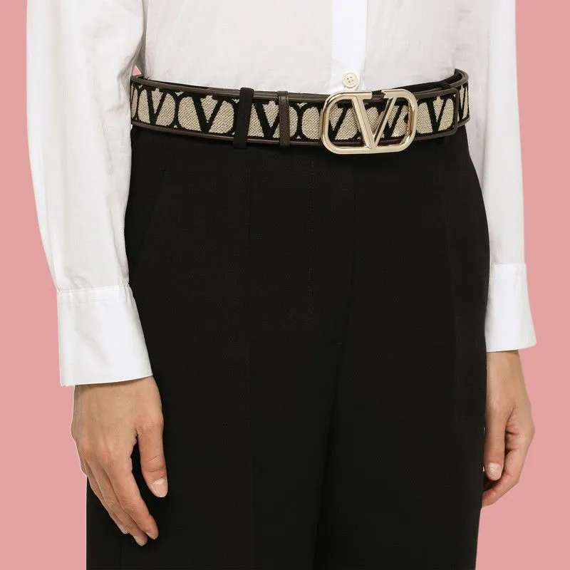 Valentino Calfskin Canvas Leather Belts Women's Brown 4CM-1