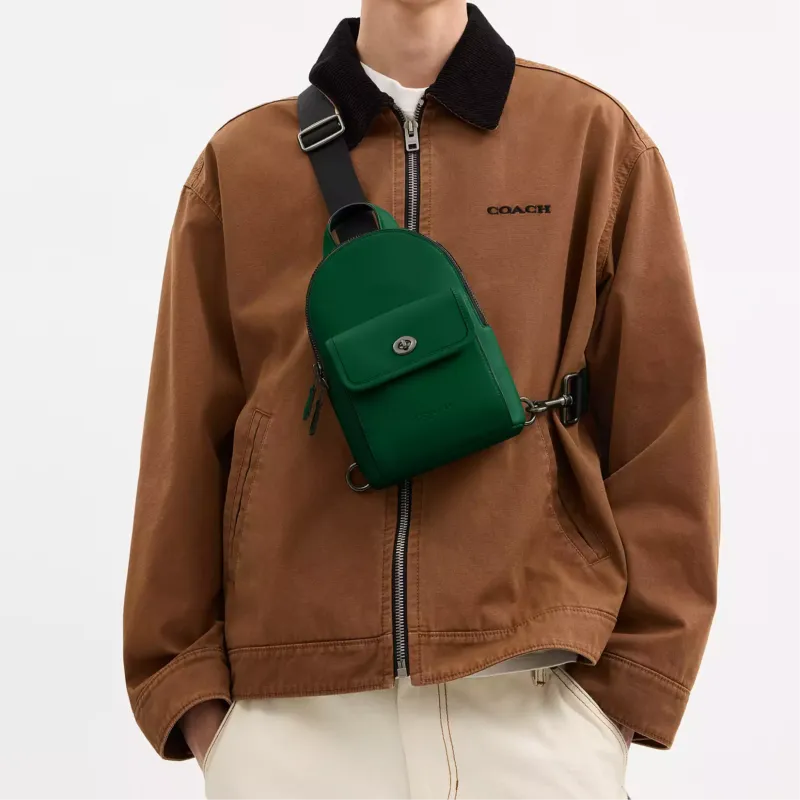 COACH Turnlock Calfskin Sling Bag Small Size Men's Green-4