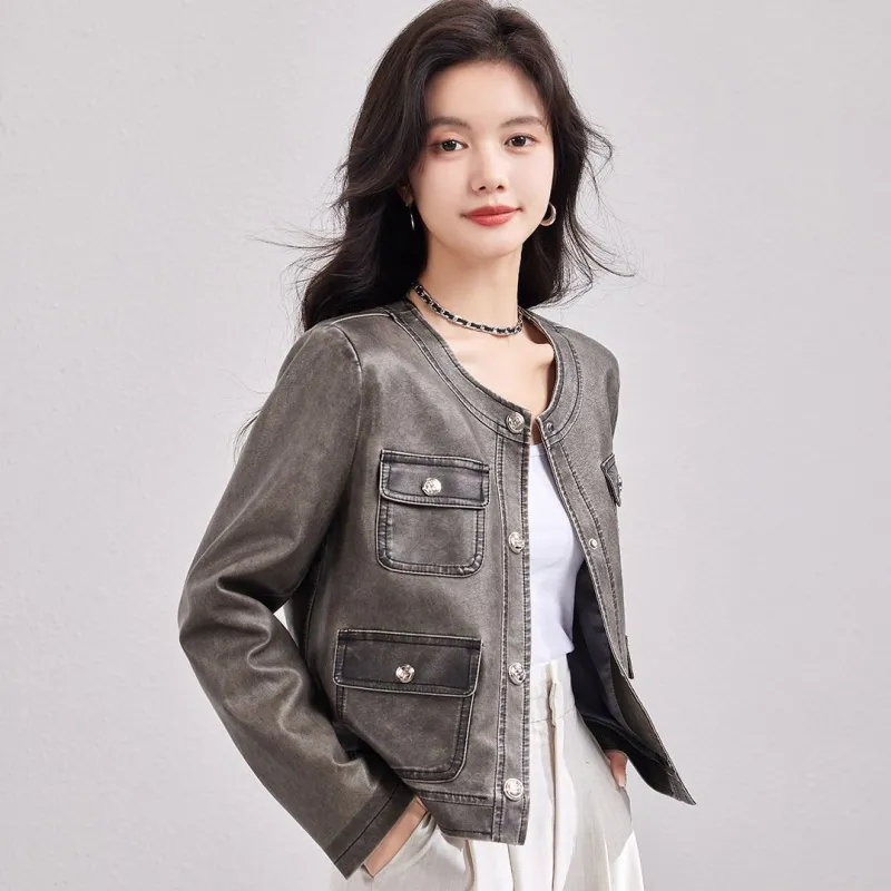 CARBAMMI Leather Jacket Women's Gray-6