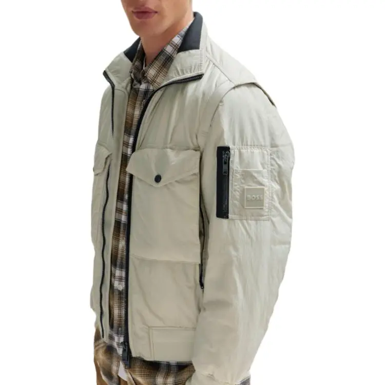 HUGO BOSS Water Repellent Bomber Jacket With Detachable Sleeves Jackets Coats Men's Ecru-4