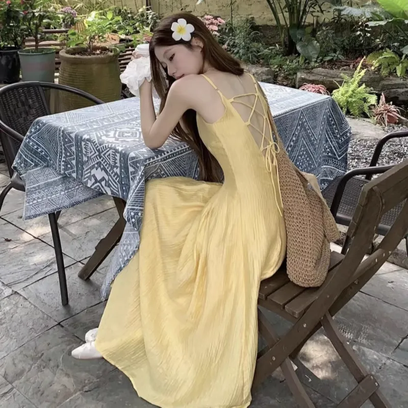 Qiuerle Slip Dresses Women's Yellow-5