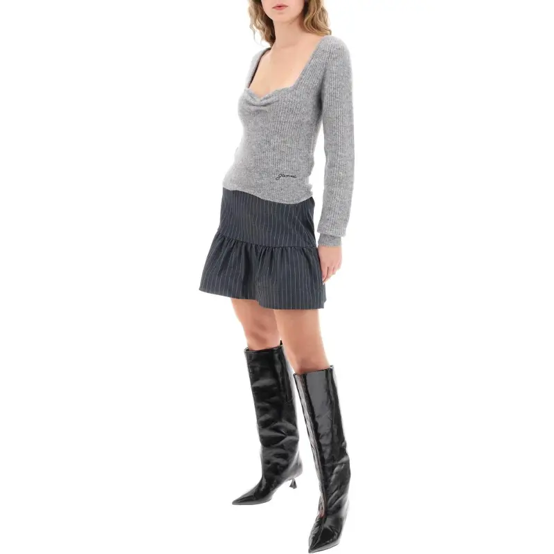 GANNI Logo Embroidered Sweetheart Neck Jumper-2