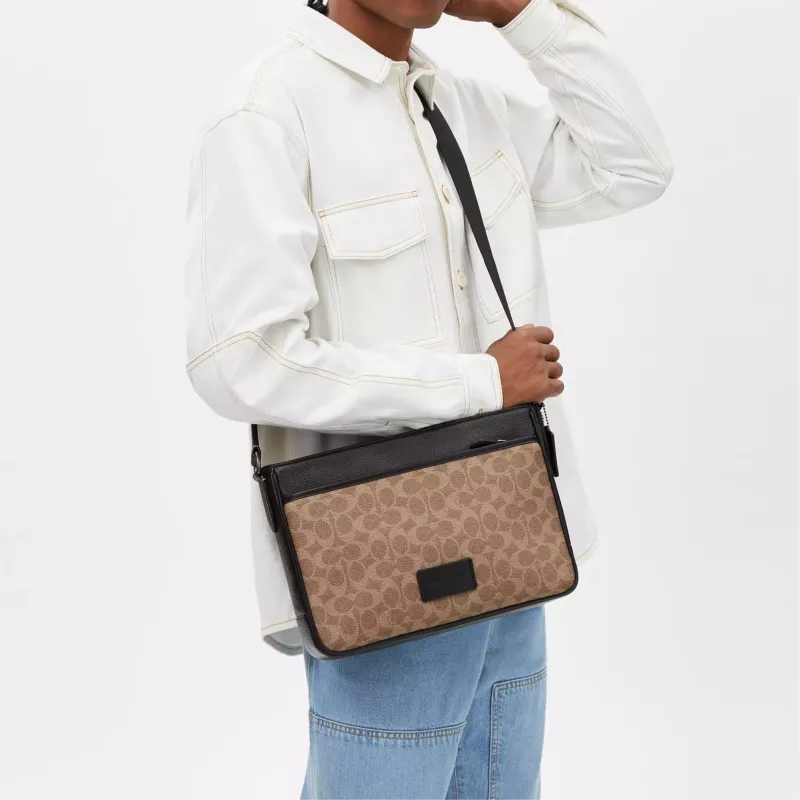 COACH Coated Canvas Crossbody Bag, Shoulder Bag Men's Tan & Black-3