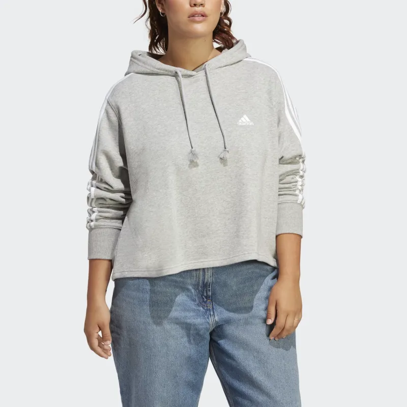Adidas Essentials 3-Stripes French Terry Crop Hoodie Plus Size Sweatshirt Women's Gray-1