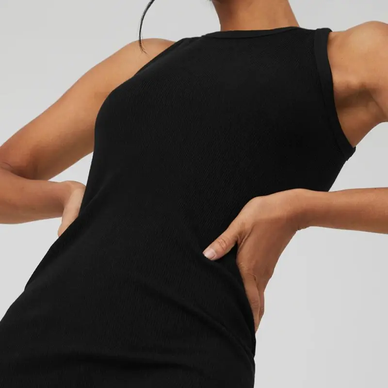 Alo Yoga Seamless Ribbed Nights Dress Sleeveless Dress Women's Black-3