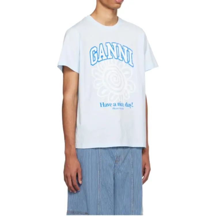 GANNI Drop Shoulder Sleeve T Shirt Women's Light Blue-3