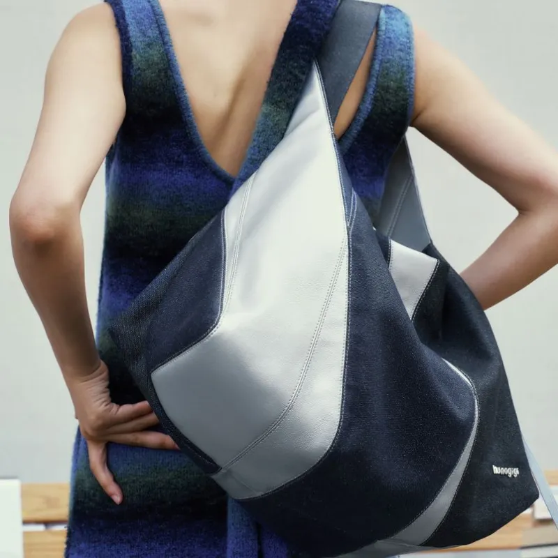 KUNOGIGI Cow Leather Kite Tote Bag Shoulder Bag Women's Denim Silver-2