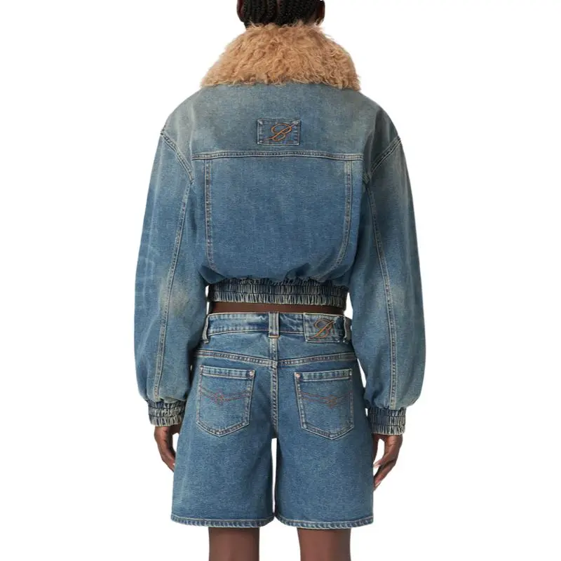 Blumarine Oversized Collar Zip Up Cropped Denim Jacket-4