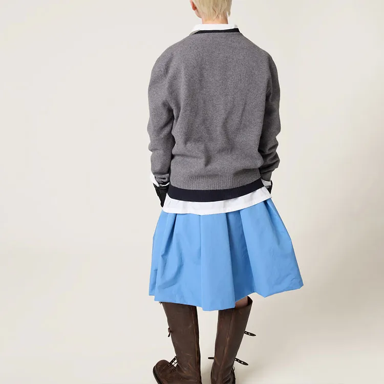MIU MIU Silk Cashmere V Neck Sweater Grigio Blu-2