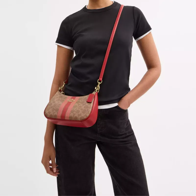 COACH Teri Coated Canvas Handbag, Shoulder Bag Medium Size Women's Brown & Red-4