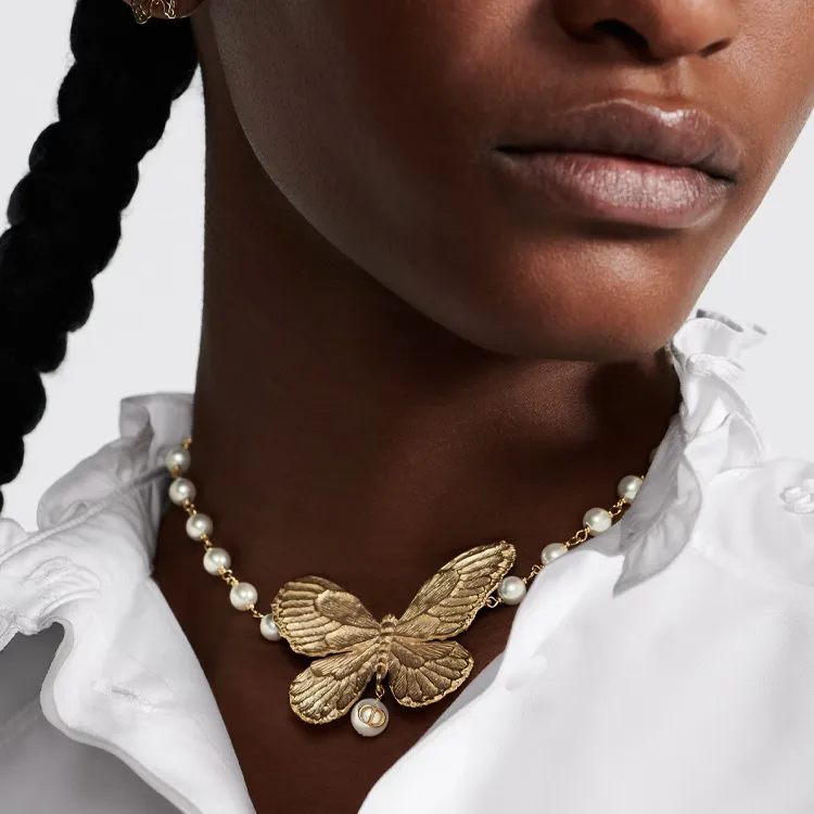 DIOR Resin Pearl Metal Necklaces Women's Gold-1