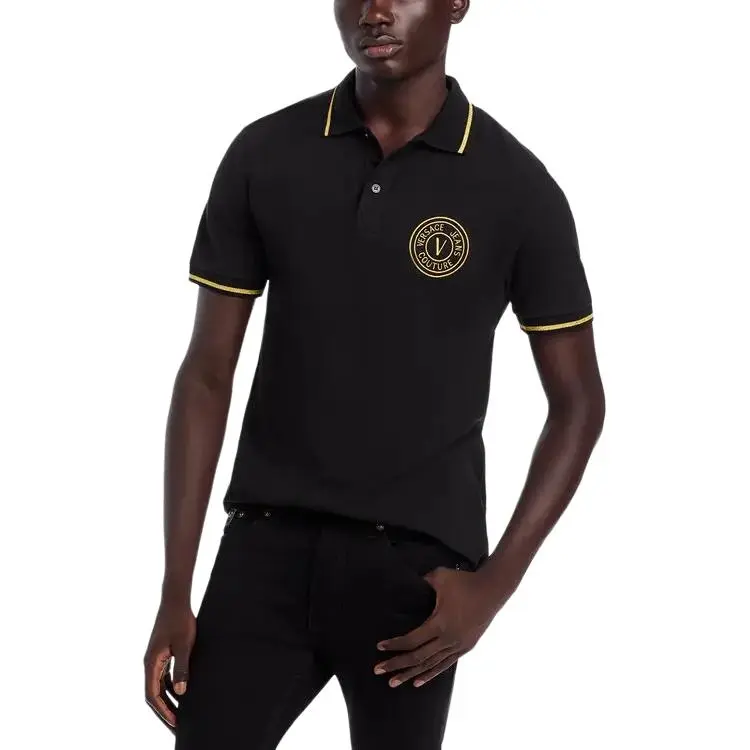 VERSACE JEANS COUTURE SS23 Men Letter Logo Printed Striped Trim Short-Sleeve Polo Shirt Black-3