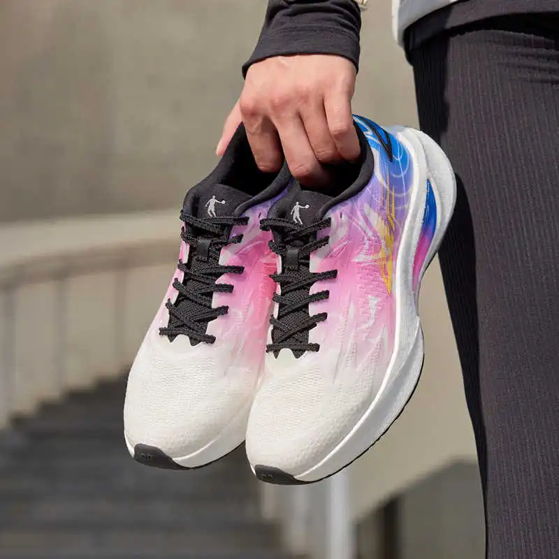 QIAODAN Anti Slip And Wear Resistant Rebound Low Top Sprint Running Shoes Men's White Pink Purple-1