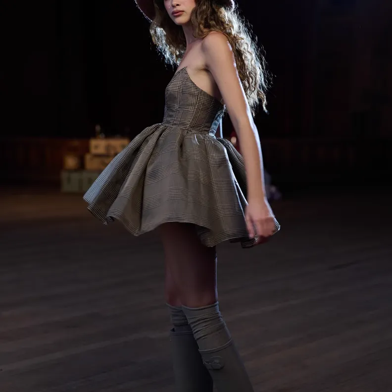 Selkie Collection FW24 Sleeveless Dress Women's Brown Base With Houndstooth Plaid Print-3