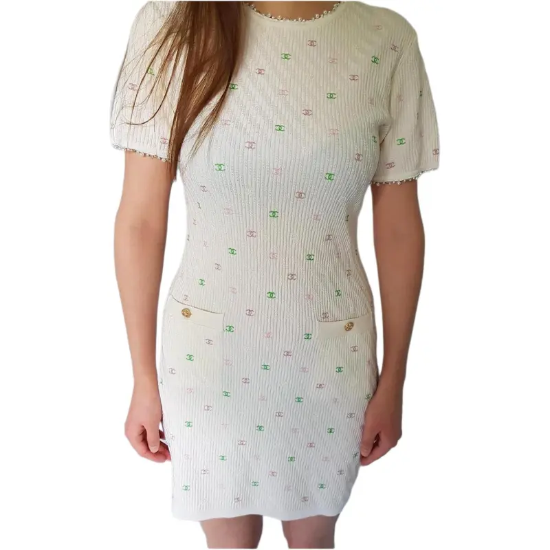CHANEL Short Sleeved Dress Women's Beige-2