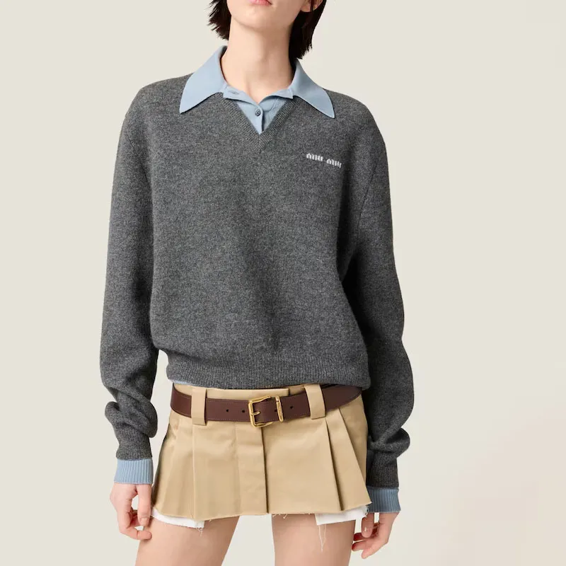 MIU MIU Cashmere Wool Polo Gray/Blue Cashmere-1