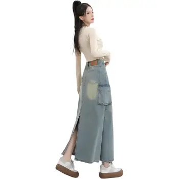 FAWENXIANGZI Denim Long Skirt Women's Light Blue